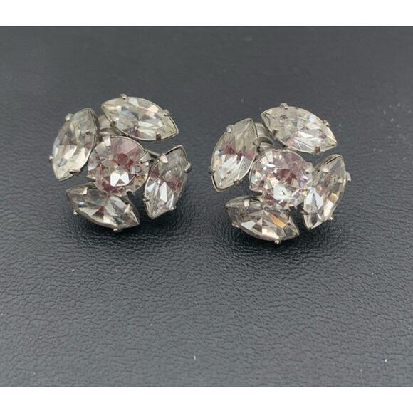 Vintage Beautiful Silver Tone & Clear Rhinestone Elegant Screw Back Earrings - Picture 2 of 5
